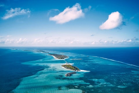 Luftaufnahme der beiden Inseln des Jawakara Islands Maldives im Lhaviyani Atoll
