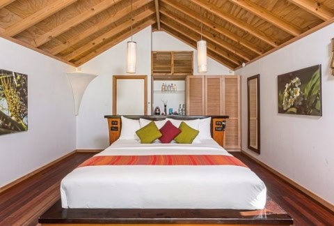 Großzügiges Schlafzimmer mit Holzboden und offenem Dachstuhl.