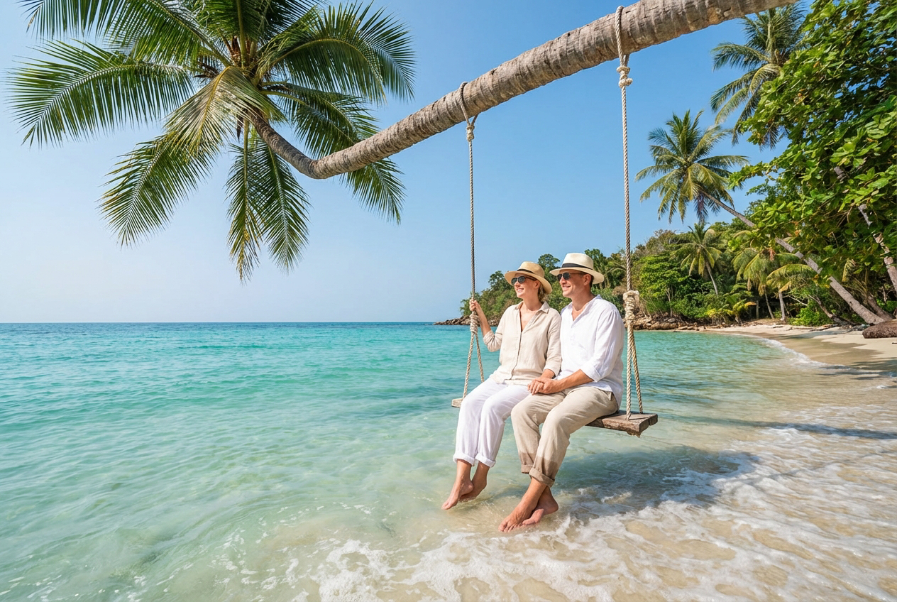 Paar sitzt auf einer Schaukel unter einer Palme direkt am Meer und genießt die tropische Strandkulisse