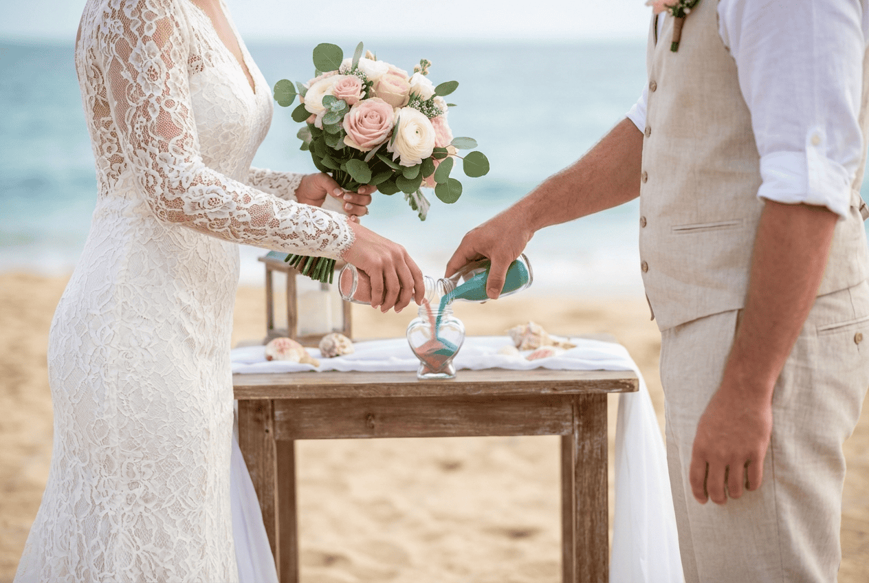 Brautpaar führt eine Sandzeremonie durch und füllt farbigen Sand in ein Glasgefäß am Strandtisch.