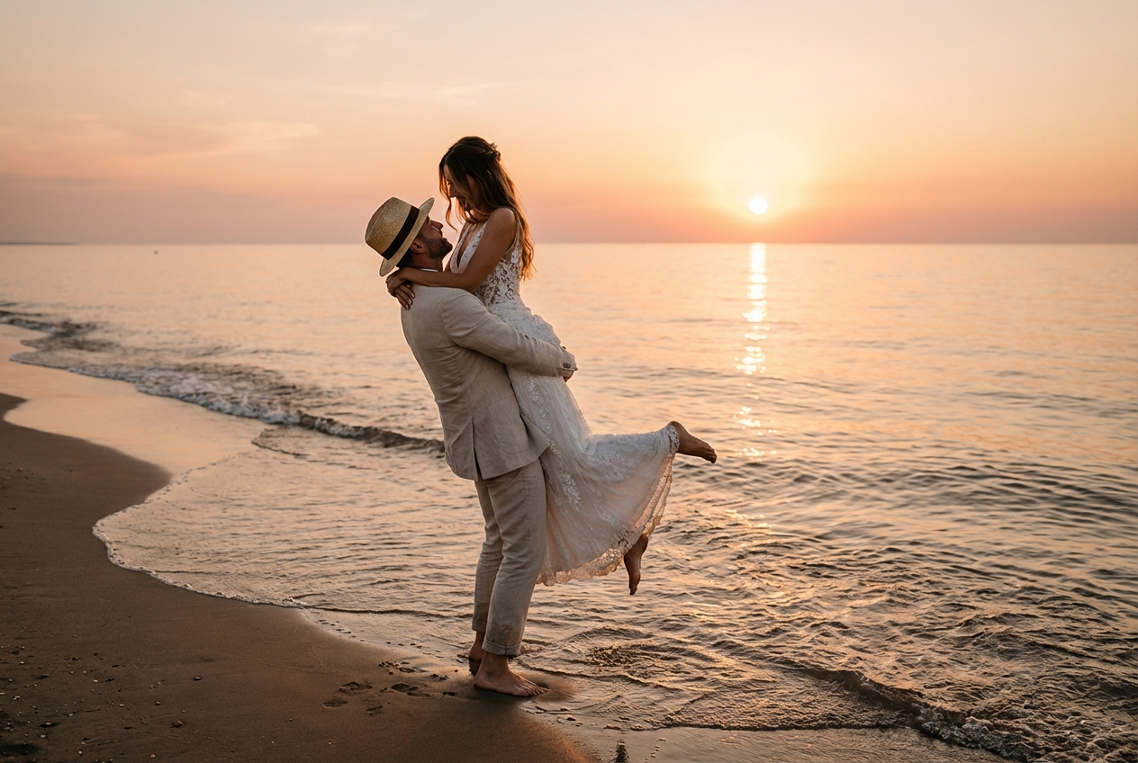 Bräutigam hebt seine Braut am Strand bei Sonnenuntergang hoch, romantische Hochzeitsstimmung am Meer.