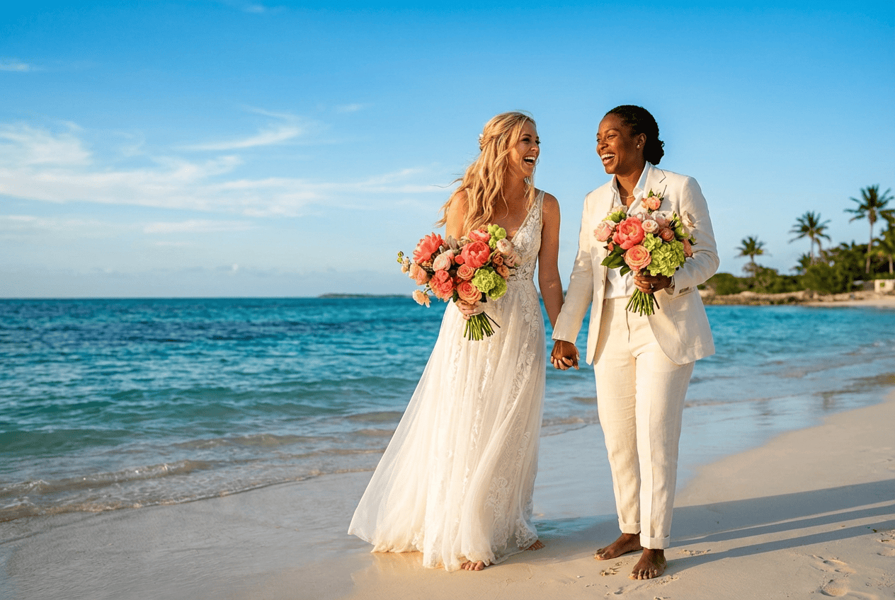 Lesbisches Hochzeitspaar läuft barfuß am tropischen Strand entlang und hält Blumensträuße in der Hand.