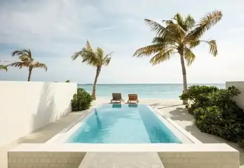 Privater Pool mit direktem Blick auf den Ozean und Palmen.