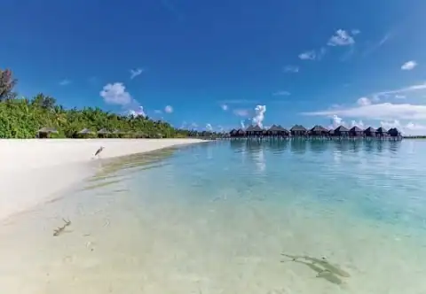 Türkisfarbene Lagune mit Overwater-Villen auf Stelzen im Sun Siyam Olhuveli.