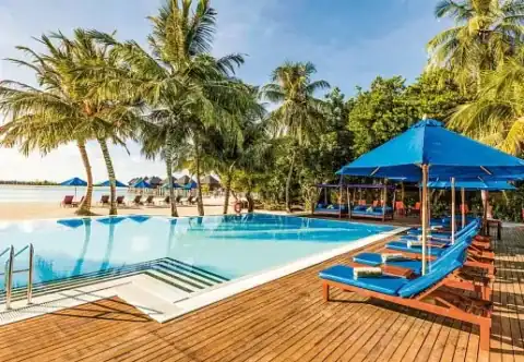 Infinity-Pool mit Liegen und Palmen direkt am Strand im Sun Siyam Olhuveli.